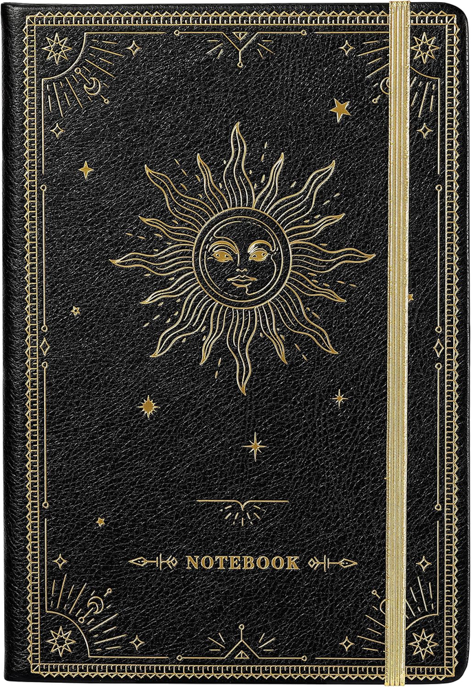 Premium Black Faux Leather Notebook with 144 Lined Pages & Pocket Dividers