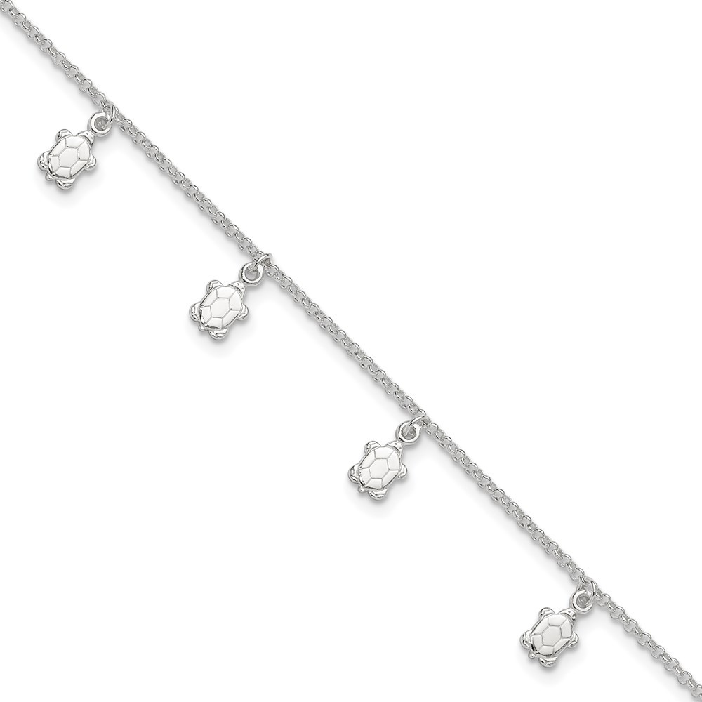 925 Sterling Silver Polished Turtle Anklet 9 Inch with 1 Inch Extender 3.92g
