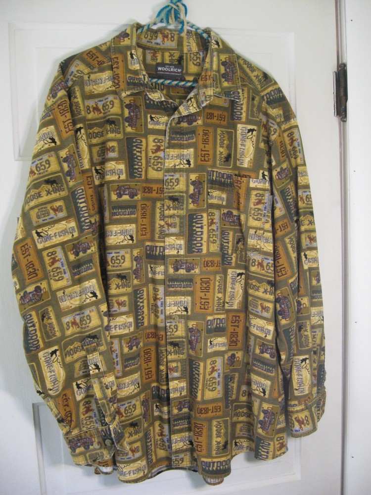 Woolrich Olive license plates outdoor fishing/hunting flannel mens shirt = 2XL