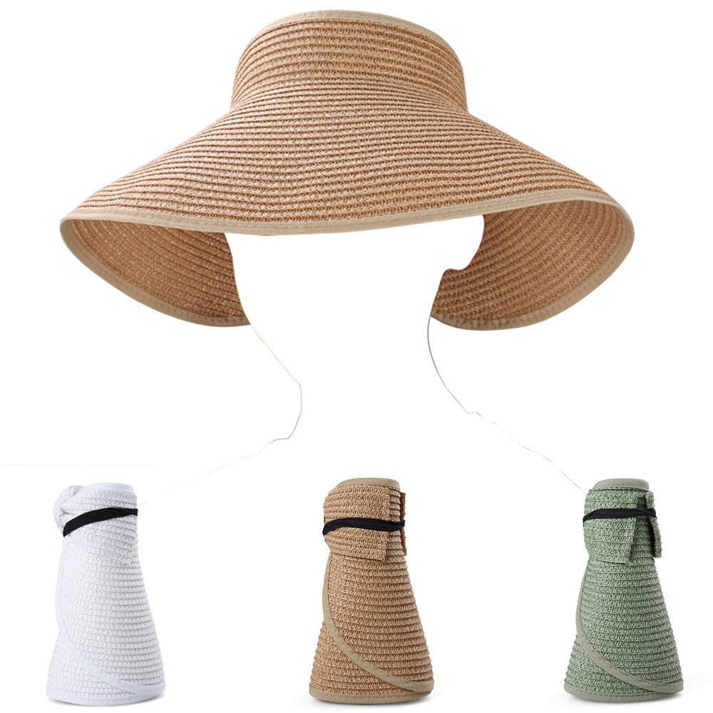 Foldable Wide Brim Straw Sun Hat for Women - Packable Summer Beach Visor