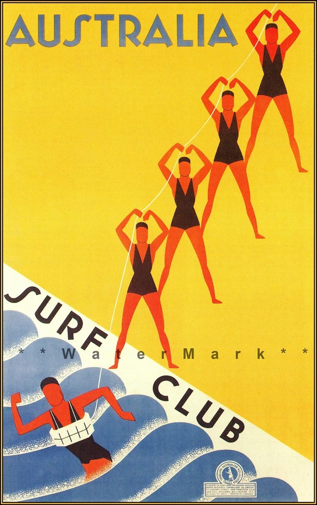 Australia Surf Club 1936 Vintage Poster Print Swimming Surfing Seaside Vacation