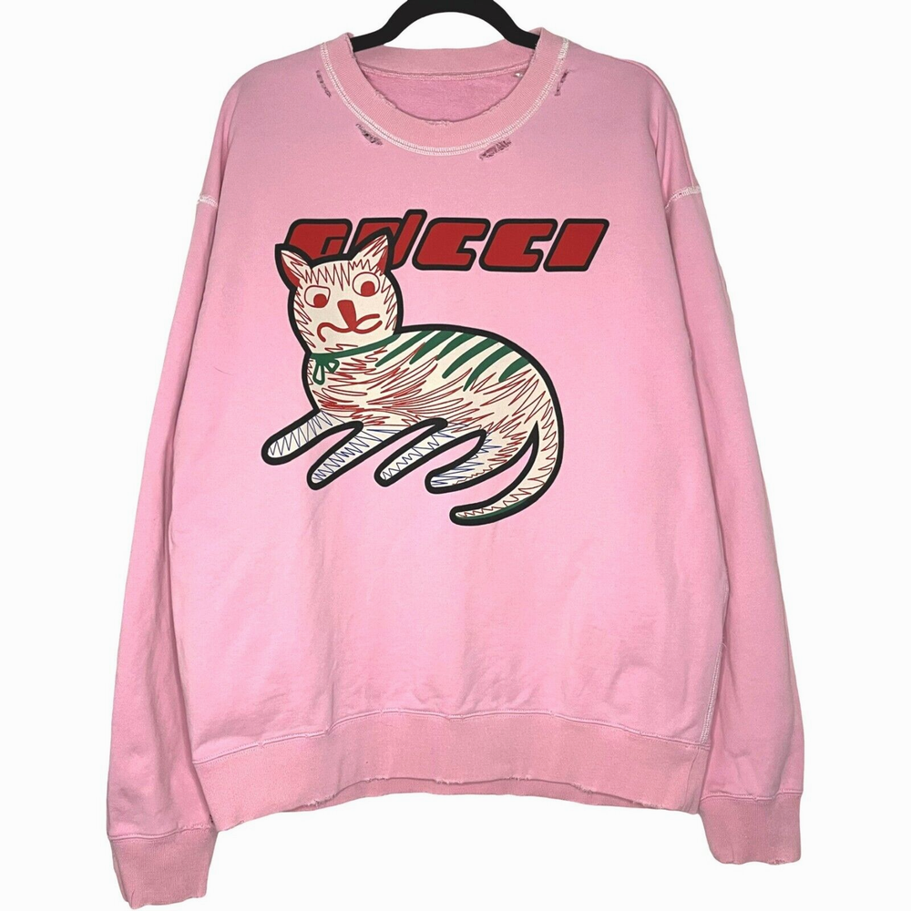 Gucci Pink Logo Cat Print Sweatshirt for Men in Large Size Cotton French Terry