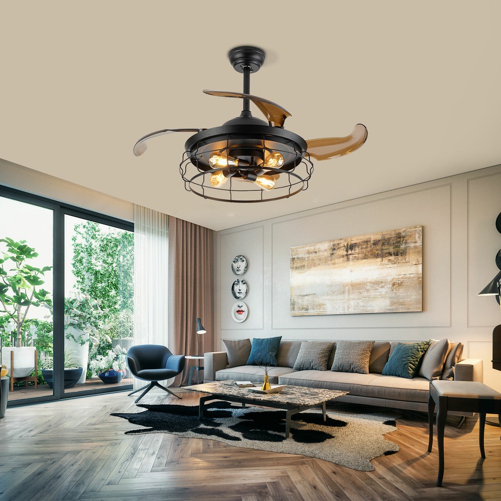 42 Inch Rustic Ceiling Fan with Remote Retractable Blades and Chandelier Light  