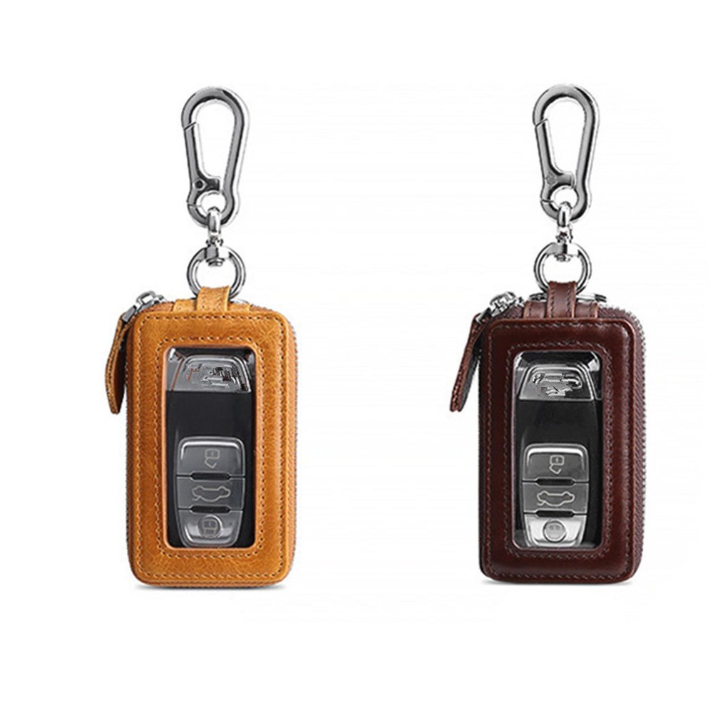 Double Layer Genuine Leather Car Key Case with Zipper Pouch-image