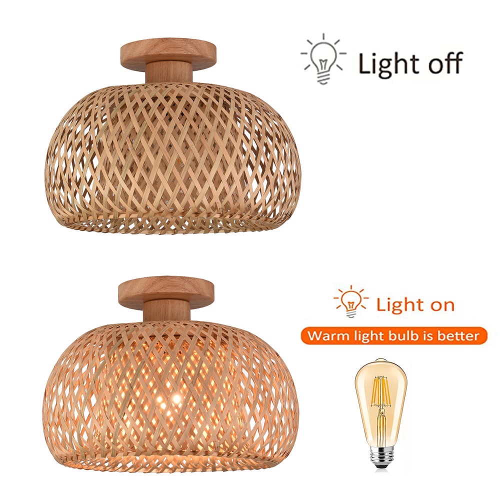 Semi Flush Mount Ceiling Light Farmhouse Bamboo Wicker Rattan Pendant Lamp USA