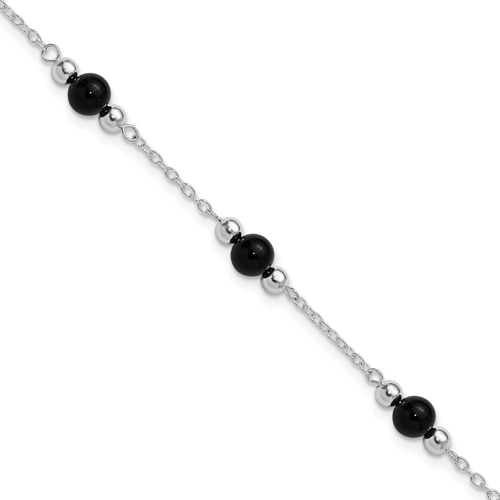 925 Sterling Silver Rhodium-plated Polished Onyx Anklet 9