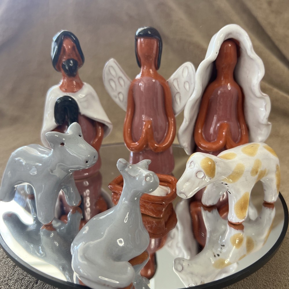 7pc Handcrafted Ceramic Nativity Set – Rustic Folk Art Holy Family with Angel