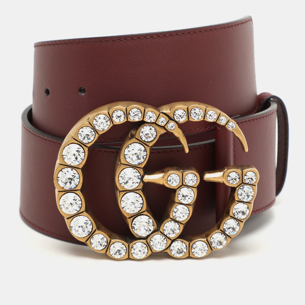 Gucci GG Crystals Wide Belt in Burgundy Leather 75CM