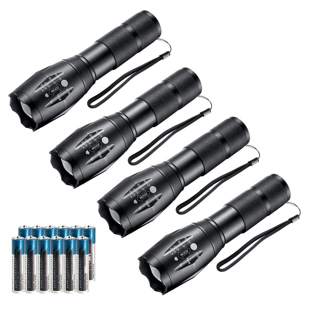 4-Pack LED Tactical Flashlights with High Lumens and 12 AAA Batteries Included