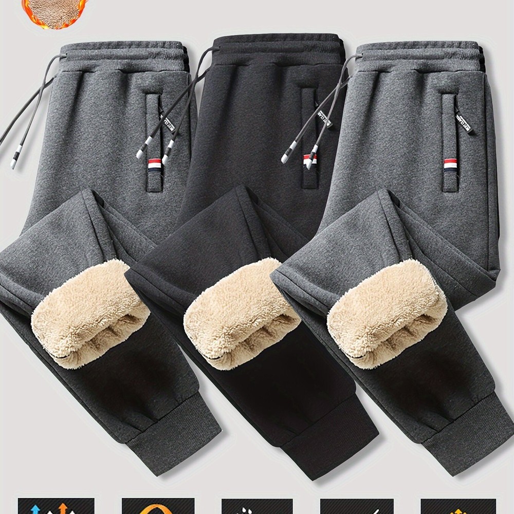 3pcs Men's Winter Fleece Joggers - Windproof, Thick & Warm with Drawstring Wais