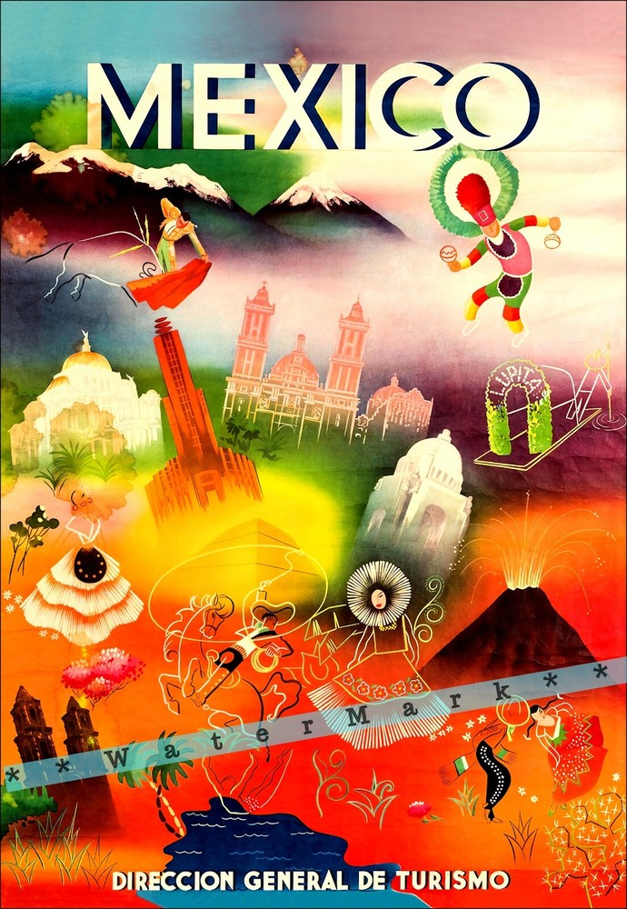 Vintage 1950 Mexico Tourism Travel Retro Poster Art Print Advertisement
