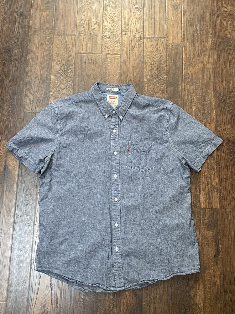 Levis Short Sleeve Shirt Blue Gray Chambray Button Down Slim Fit Men Size: XXL