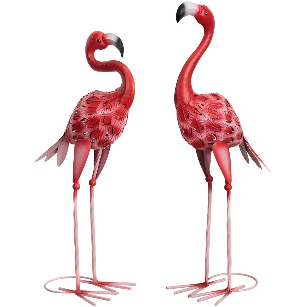Red Metal Flamingo Garden Statue Outdoor Yard Art Decor for Home and Lawn