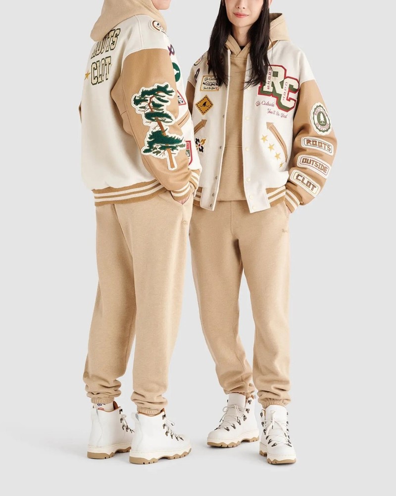 Men's Ivory Wool & Leather Letterman Varsity Jacket with Crazy Patches