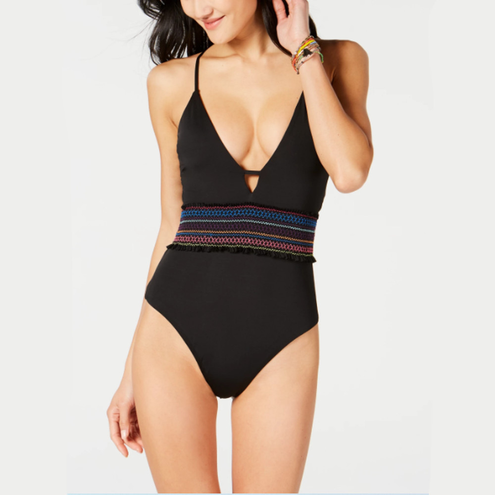 Bar III Women Black Stitching Smocked Plunging One-Piece Bikini Swimsuit Size S