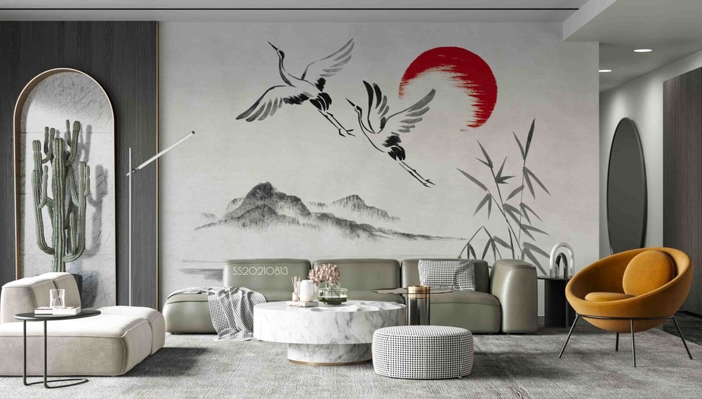 3D Ink Mountains Bamboo Crane Wall Murals Wallpaper Murals Wall Sticker