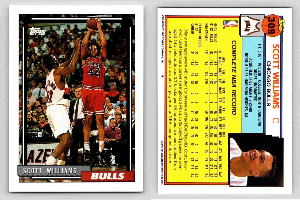 Scott Williams 1992 Chicago Bulls Topps Card 309 NBA Basketball Memorabilia  