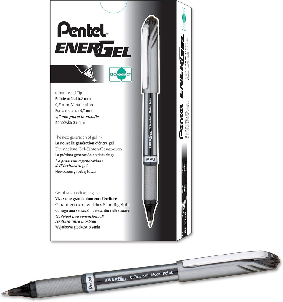 Pentel EnerGel NV Liquid Gel Pens 0.7 mm Black Ink Pack of 12 Recycled 54%