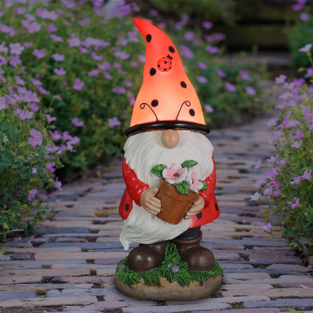 Solar-Powered Ladybug Gnome Statue in Pink Flower Pot 5x12.5 Inches
