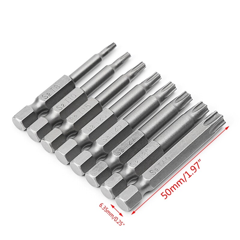 8-Piece 1/4 Inch 50mm T8-T40 Torx Screwdriver Bit Set for Electric Tools