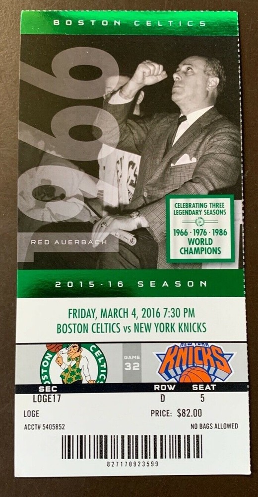 Boston Celtics 3/4/2016 NBA ticket stub vs New York Knicks
