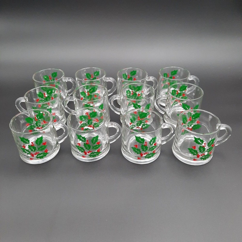 Set Of 12 Vintage Clear Glass Holiday Mugs With Festive Holly & Berry Design
