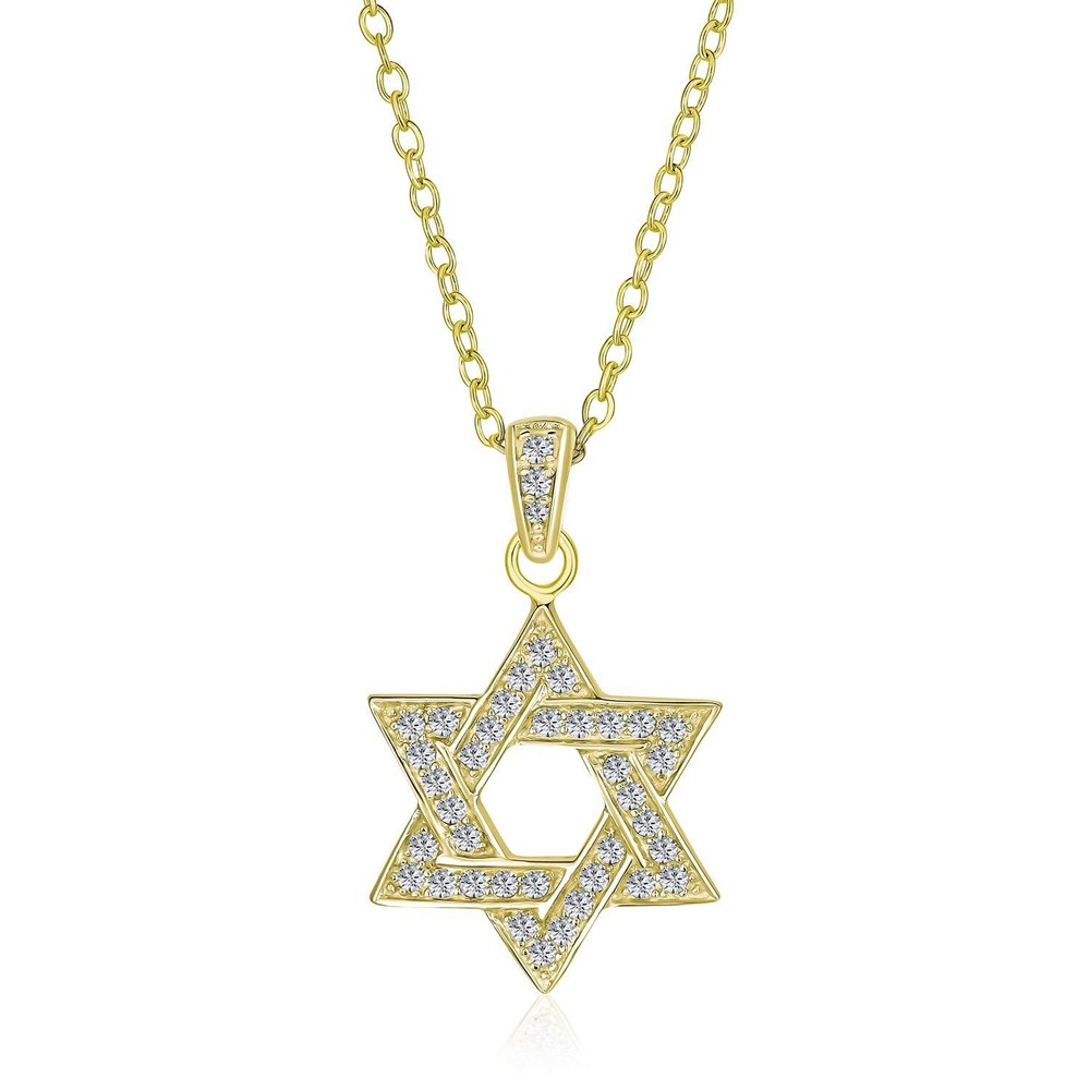 Traditional Hanukkah Star of David Pendant Necklace: CZ Accents, 14K Gold Pla...