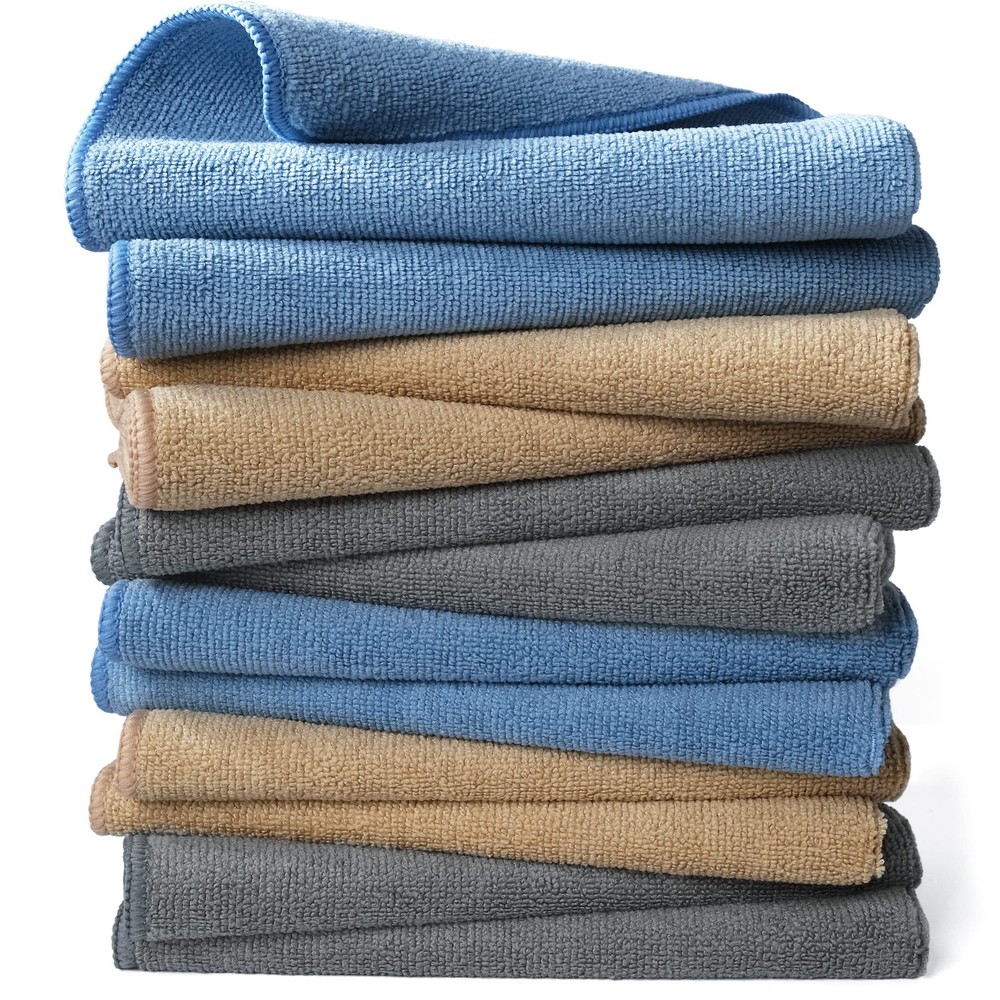 16x16 Microfiber Cleaning Towels - 12 Pack in Blue, Camel, Gray