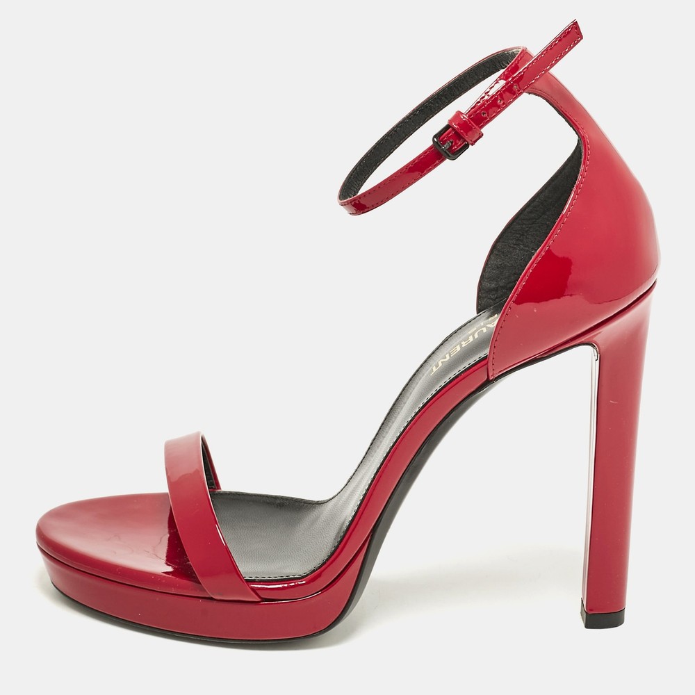 Saint Laurent Red Patent Leather Jane Ankle Strap Sandals Size 38 EU