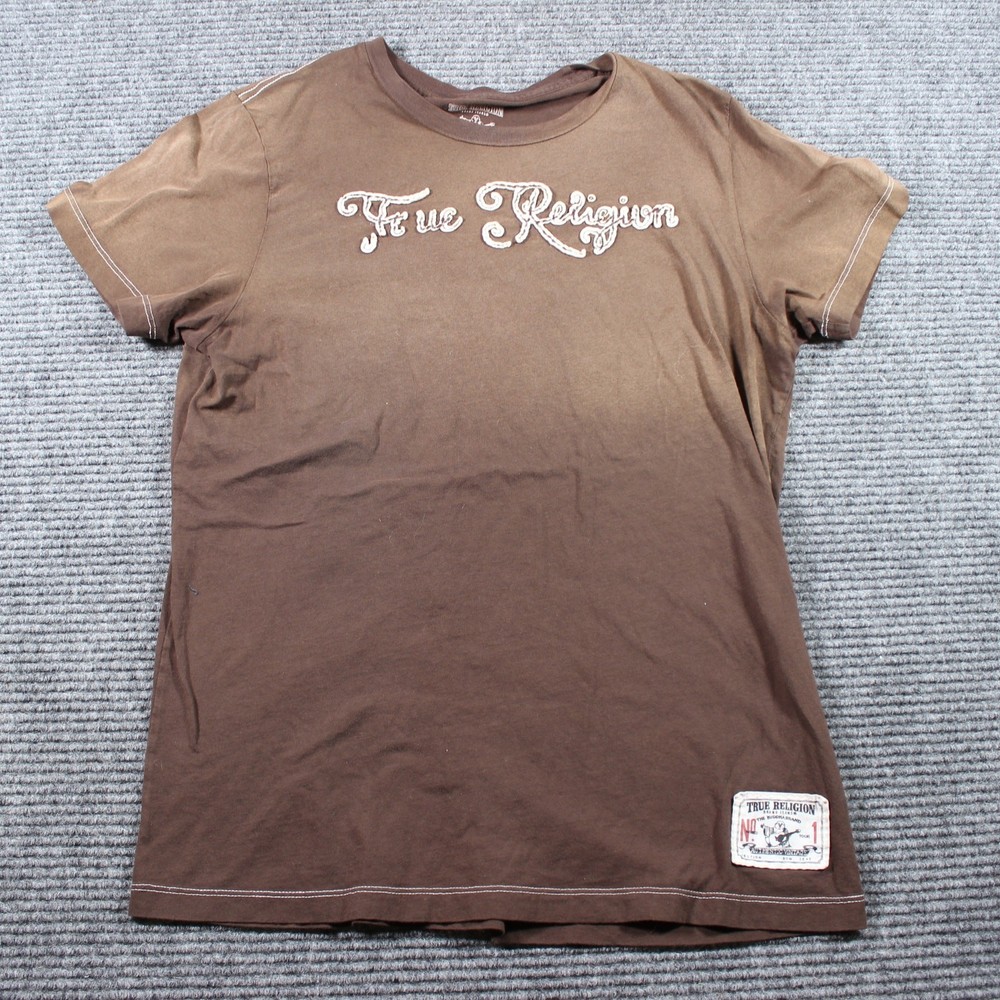 True Religion T-Shirt Mens Small Brown Script Logo Hem Patch