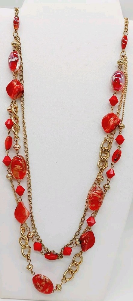 Necklace Red Glass & Plastic Beads Gold Tone Chain
