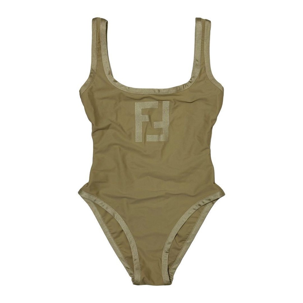 FENDI Vintage Logo Swimsuit Beige Italy Size 42 Nylon Rayon Japan Near mint