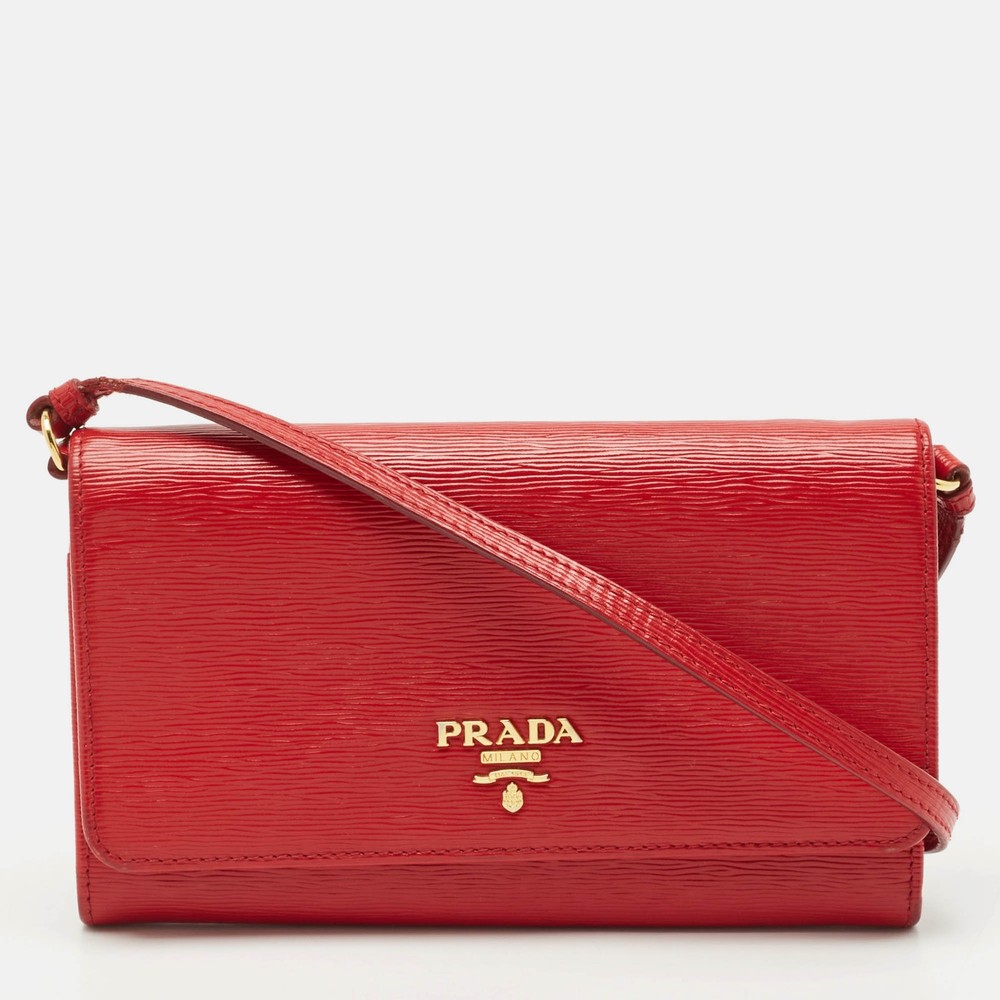 Prada Red Vitello Move Leather Wallet On Strap