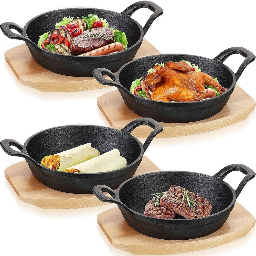 4 Sets Mini Cast Iron Skillet Mini Cast Iron Sizzler Plates Skillet with Wo...