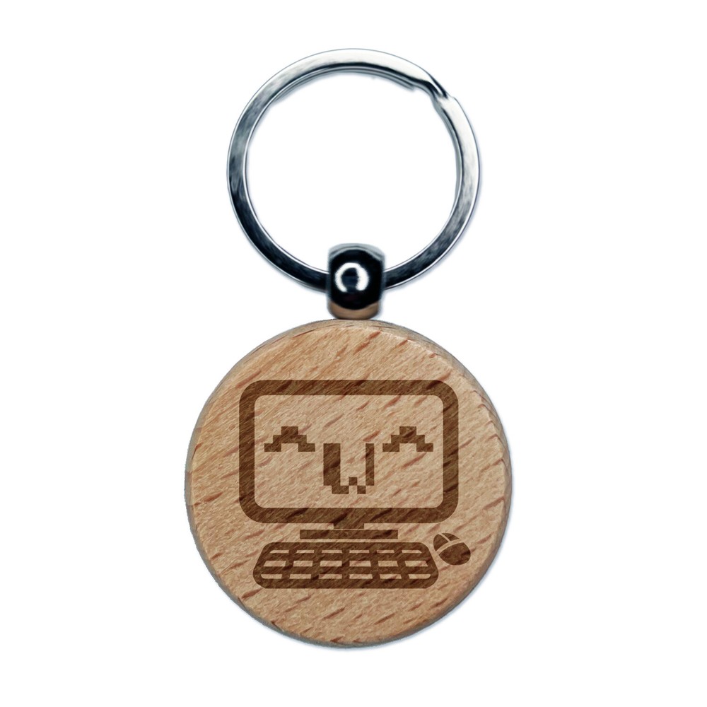 Cute Kawaii Wooden Keychain with Computer Face Emoticon Engraving