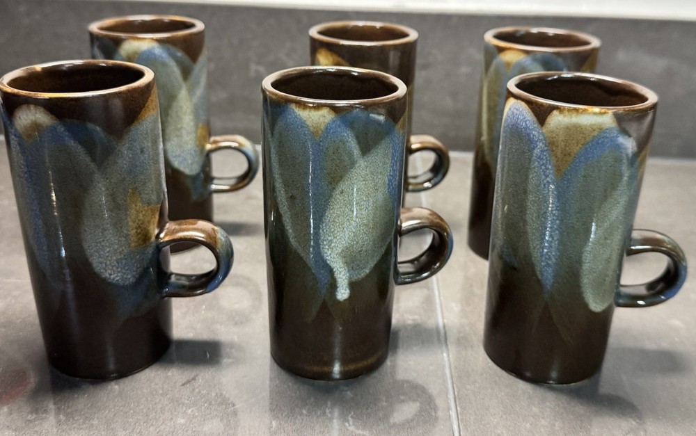 Vintage Caffe D'vita Stoneware Drip Glazed Mugs -Espresso Cups Set of 6 Retro