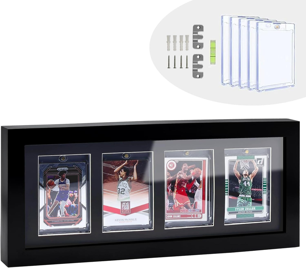 4Grids Trading Cards Display Frame, 100% Solid Wood Frame with 4 Pieces Magnetic