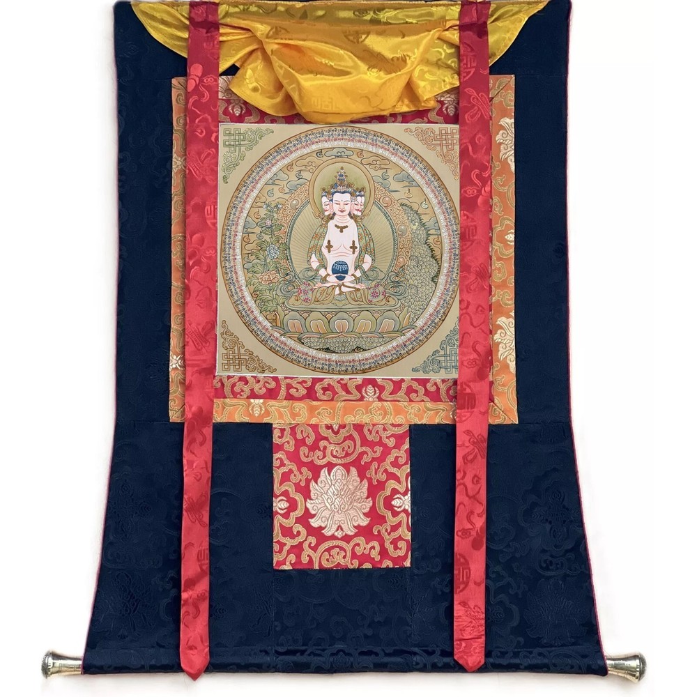 Silk Brocade Mouted Vairocana Mantra MandalaThangka, Vairocana Prayer Mandala