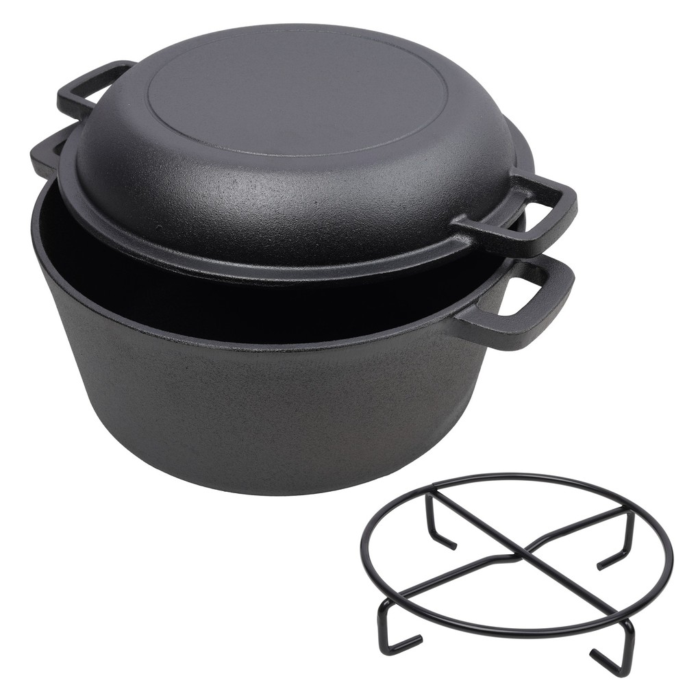 2-in-1 Pre-Seasoned Cast Iron Dutch Oven for Camping with Dual Handles