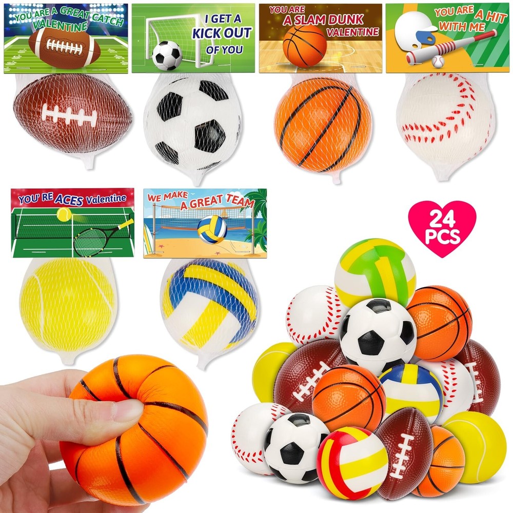 24 Pack Valentines Stress Balls for Kids School Sport Party Favors