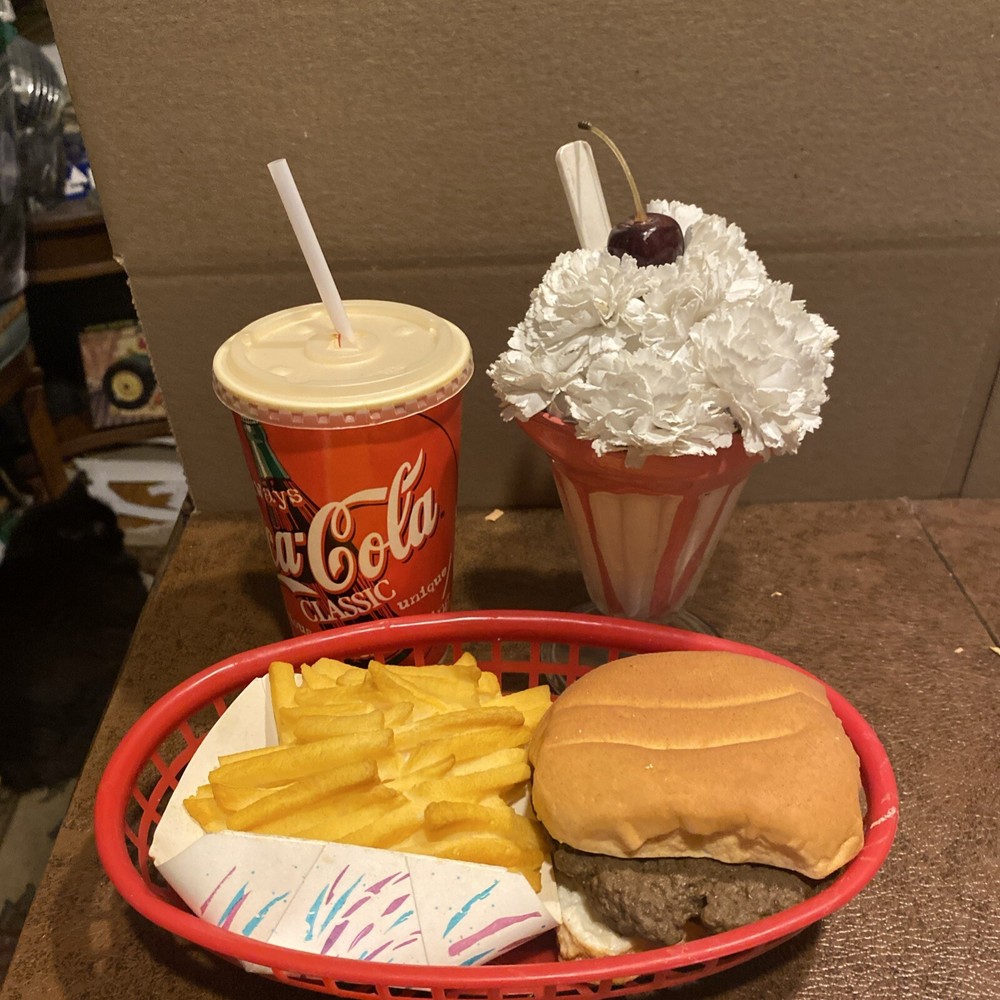 Fake Food Prop Display Hamburger French Fries Red Basket Coca Cola/empty/sundae