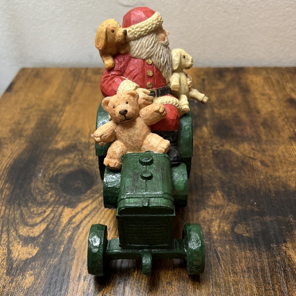 Santa On A Green Tractor With Animals , Christmas Figurine