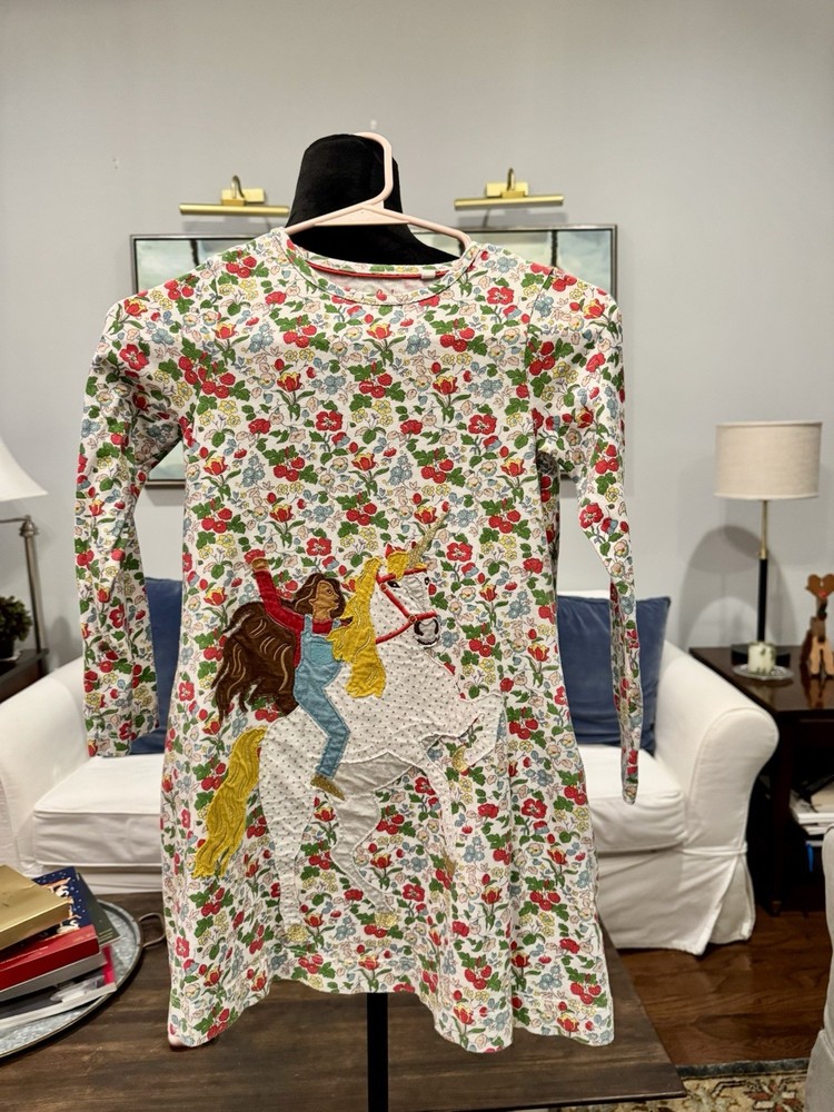 Mini Boden Girls Floral Horse Embroidered Long Sleeve Dress 7-8Y