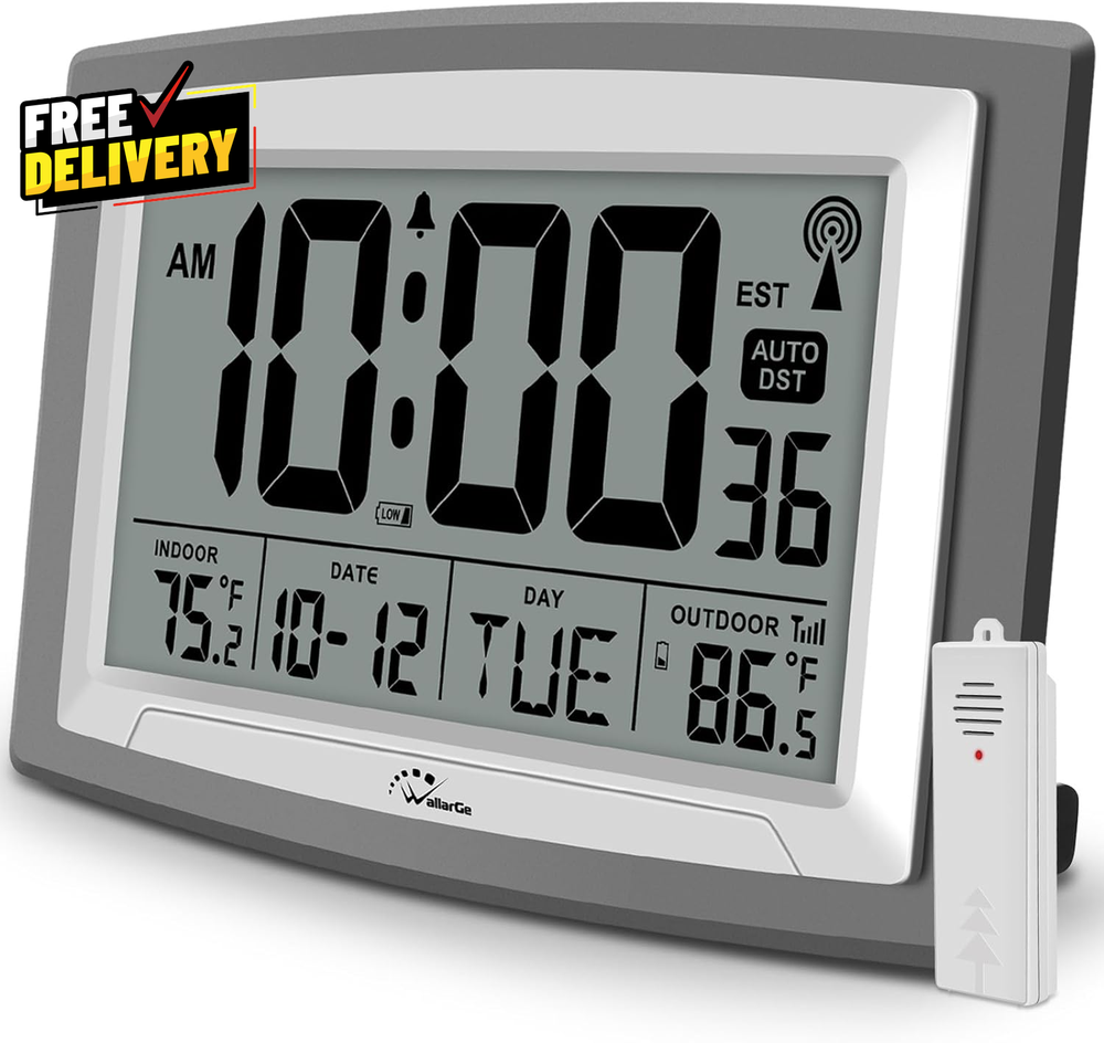 Atomic Clock with Outdoor and Indoor Temperature 12.5 Inch Self-Setting Digital