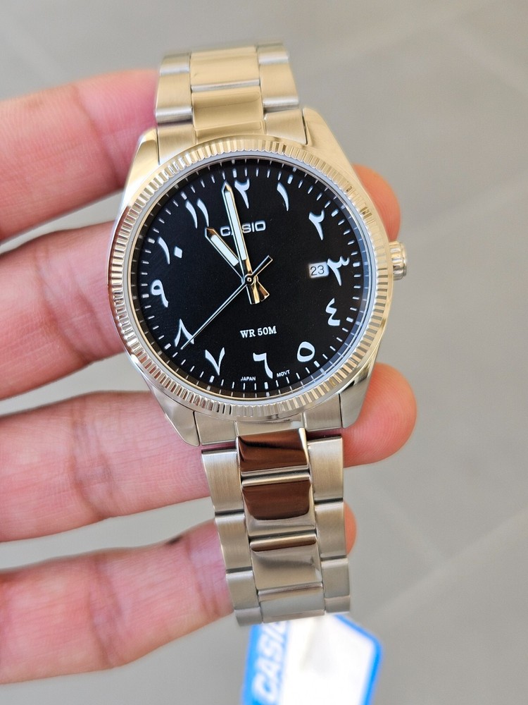 Custom Casio MTP-1302D Black Arabic Dial Modded Stainless Steel Dress Watch
