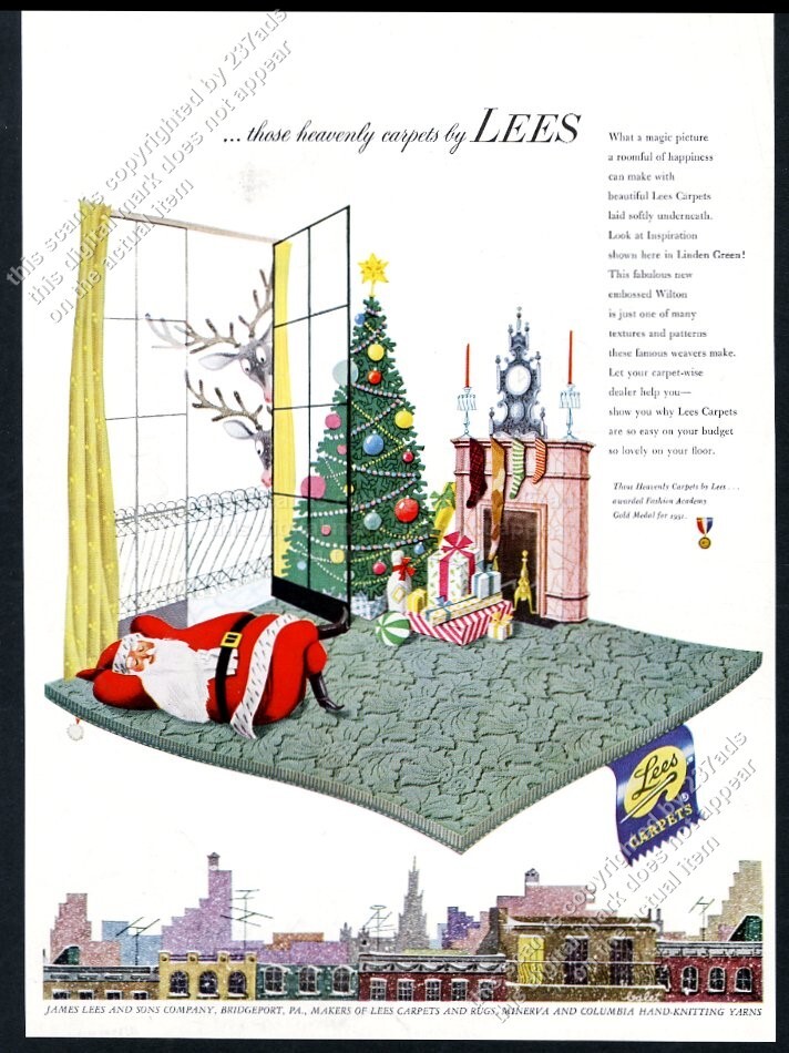1950 Christmas tree presents Santa reindeer art Lees Carpets vintage print ad