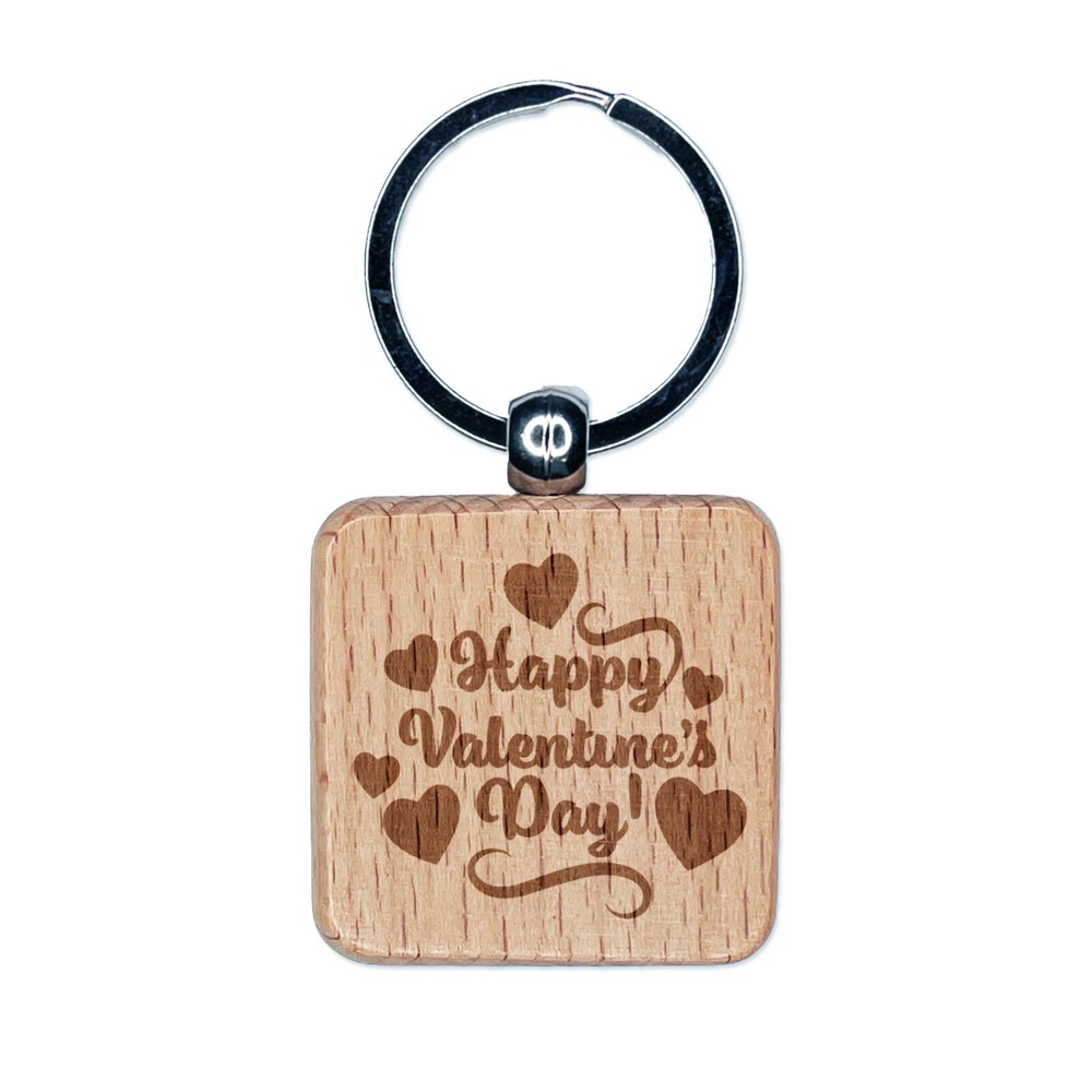 Happy Valentine's Day with Hearts Engraved Wood Square Keychain Tag Charm