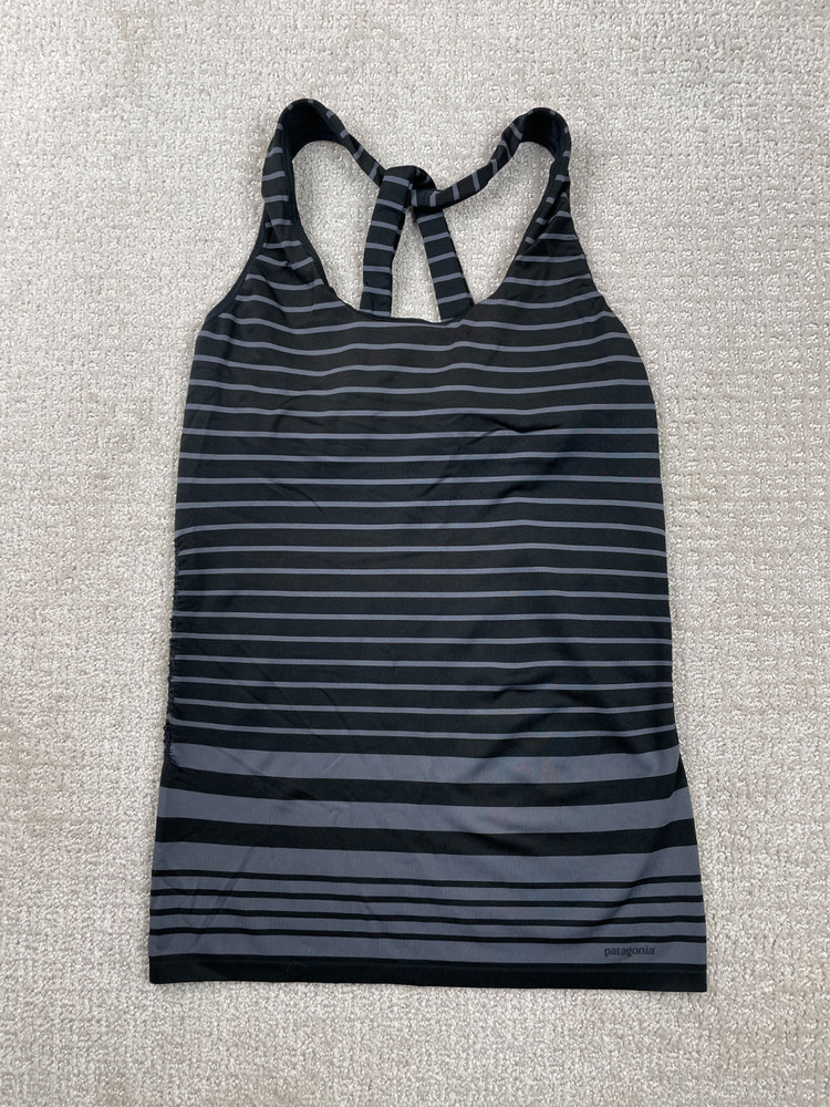 Patagonia Tank Top Womens S Nouli Black Gray Striped Built In Bra Ruched Sides