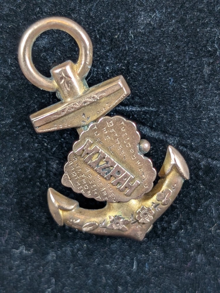 Antique 9ct Rose Gold MIZPAH Brooch / Badge - Anchor & Heart - 1.86g