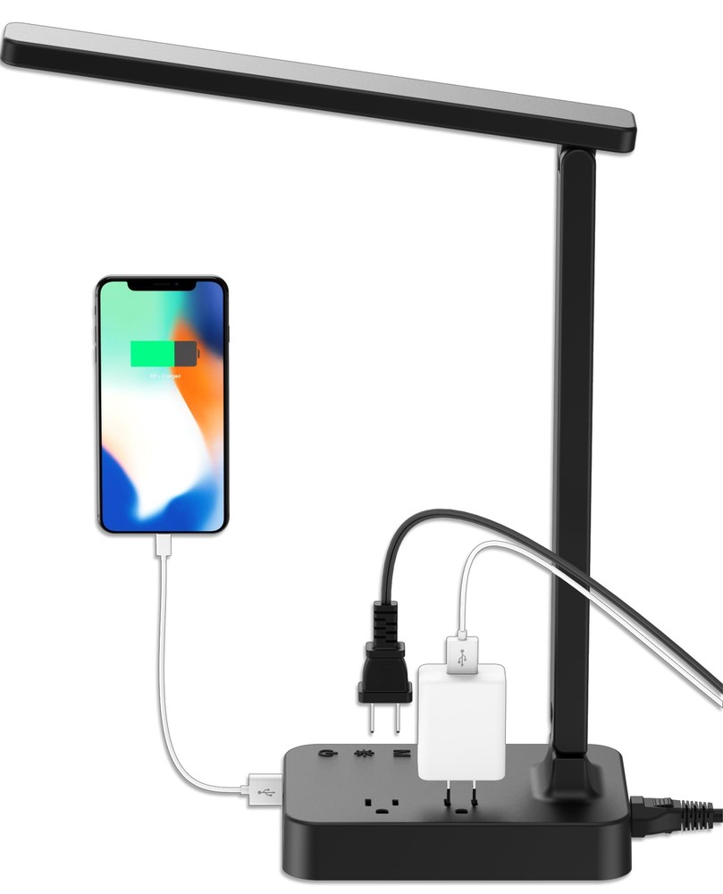 LED Desk Lamp, Desk Light with 1 USB Charging Port and 2 AC Power Outlet, 3 L...